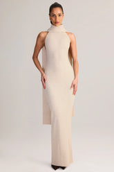 Knit Scarf-Detail Halterneck Maxi Dress in Cream