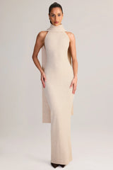 Knit Scarf-Detail Halterneck Maxi Dress in Cream