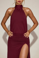 Draped Tie-Neck Maxi Dress in Wine Red