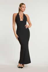 Woven Twill Halter Neck Plunge Maxi Dress in Black