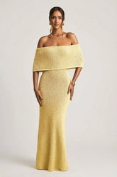 Bouclé Off-Shoulder Maxi Dress in Yellow