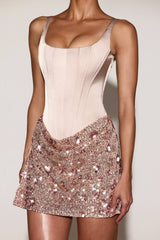 Embellished Draped Skirt Mini Dress in Rose Gold