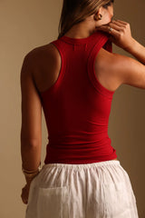 Sheveta T-Shape Micro-Ribbed Tank Top - Pomegranate