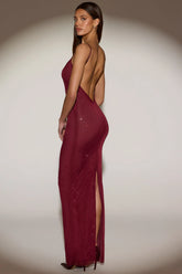Embellished Backless Maxi Dress in Burgundy