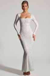 Embellished Fishtail Maxi Dress in White