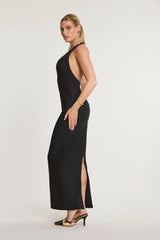Woven Twill Halter Neck Plunge Maxi Dress in Black