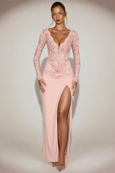 Lace Plunge-Neck Maxi Dress in Pink