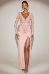 Lace Plunge-Neck Maxi Dress in Pink