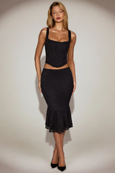 Lace Mid-Rise Midi Skirt in Black