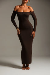 Sheveta Form Ribbed Off Shoulder Maxi Dress- Brown Sugar