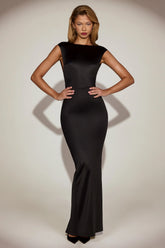Twist-Back Boat-Neck Maxi Dress in Black