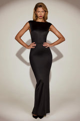 Twist-Back Boat-Neck Maxi Dress in Black