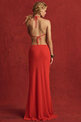 Mid-Rise Split Maxi Skirt in Chilli Red