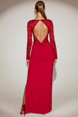 Lace Plunge-Neck Maxi Dress in True Red