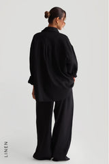 Sheveta The Oversized Linen Button-Down Top - Black
