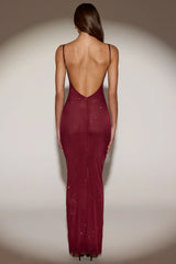 Embellished Backless Maxi Dress in Burgundy