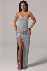Embellished Bandeau Cowl Neck Maxi Dress in Silver