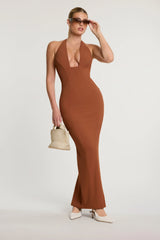 Woven Twill Halter Neck Plunge Maxi Dress in Chestnut Brown