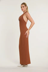 Woven Twill Halter Neck Plunge Maxi Dress in Chestnut Brown