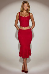 Lace Mid-Rise Midi Skirt in True Red