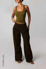 Sheveta T-Shape Micro-Ribbed Tank Top - Olive