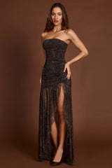 Embellished Bandeau Gathered Maxi Dress in Snake Hotfix