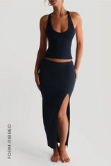 Sheveta Form-Ribbed Slit Maxi Skirt - Navy