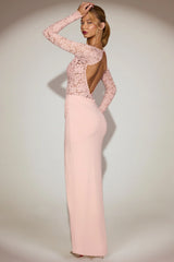 Lace Plunge-Neck Maxi Dress in Pink