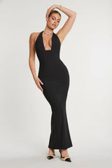 Woven Twill Halter Neck Plunge Maxi Dress in Black