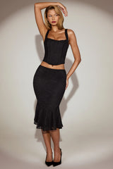 Lace Mid-Rise Midi Skirt in Black