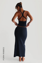 Sheveta Form-Ribbed Slit Maxi Skirt - Navy