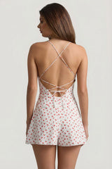 Ruched Backless Playsuit in Cherry Print