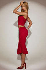 Lace Mid-Rise Midi Skirt in True Red