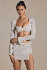 Embellished Long-Sleeve Crop Top in White