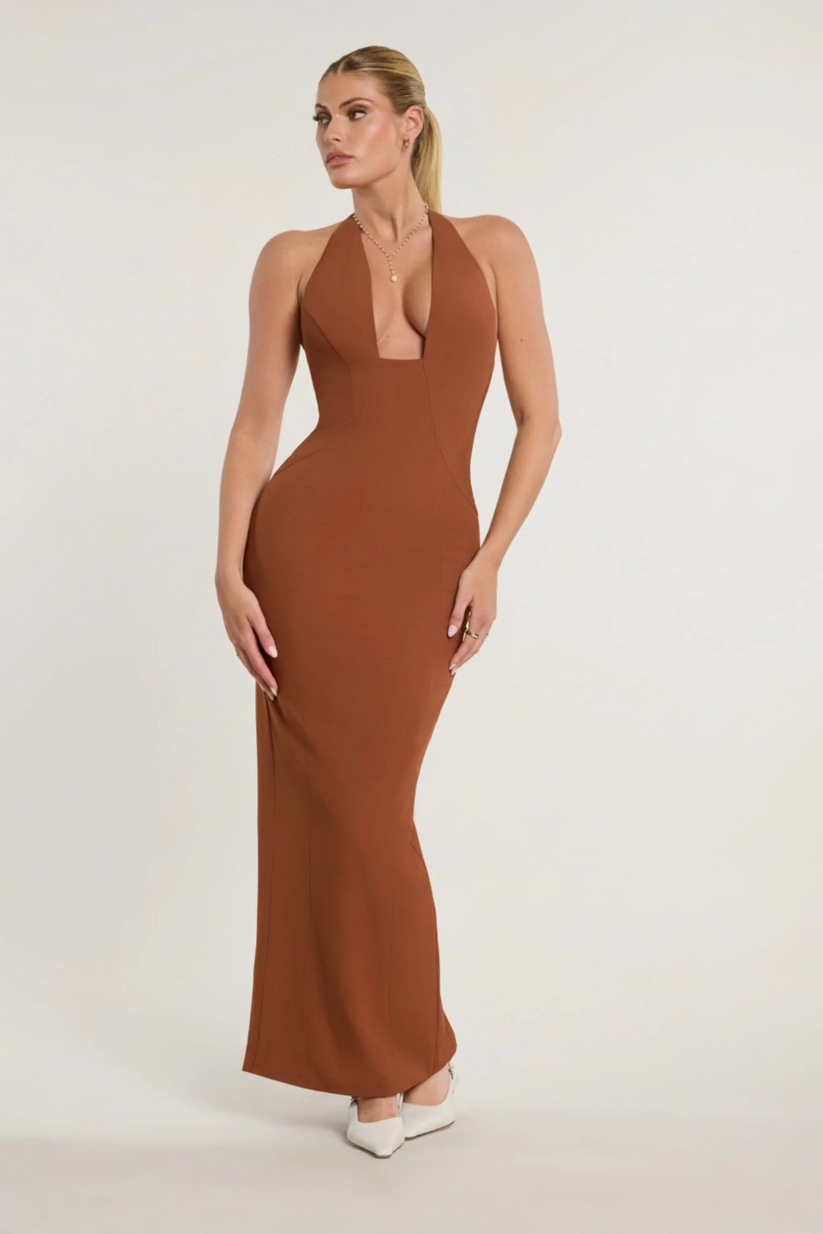 Woven Twill Halter Neck Plunge Maxi Dress in Chestnut Brown