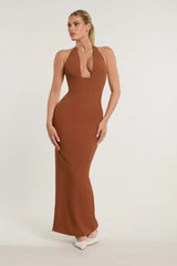 Woven Twill Halter Neck Plunge Maxi Dress in Chestnut Brown