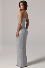 Embellished Bandeau Cowl Neck Maxi Dress in Silver