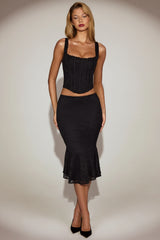 Lace Mid-Rise Midi Skirt in Black