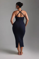 Sheveta Form-Ribbed Cross-Back Midi Dress - Navy