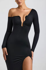 Slinky Jersey Asymmetric Ruched Hardware Detail Maxi Dress in Black