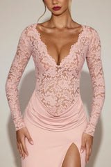 Lace Plunge-Neck Maxi Dress in Pink