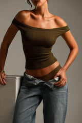 Sheveta Form-Ribbed Off Shoulder Top - Brown Sugar