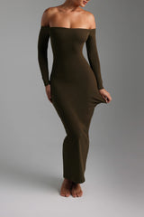 Sheveta Form Ribbed Off Shoulder Maxi Dress- Brown Sugar