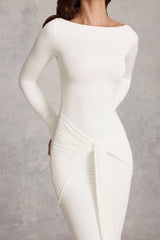 Draped Ruched Maxi Dress in White