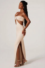 Ruched Hardware Detail Bandeau Floor Length Dress in Ivory