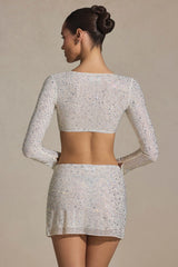 Embellished Long-Sleeve Crop Top in White