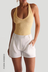 Sheveta Form-Ribbed Plunge Split-Back Tank Top - Mango Creme