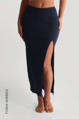Sheveta Form-Ribbed Slit Maxi Skirt - Navy