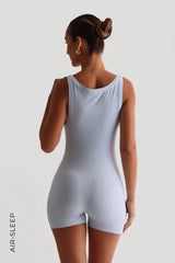 Sheveta Round-Neck Micro-Ribbed Romper - Celeste