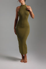 Sheveta Form-Ribbed High Neck Maxi Dress - Olive
